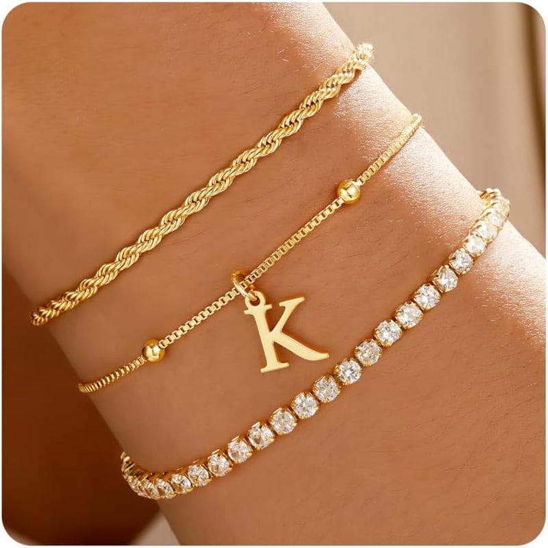 JIAOGE Valentines Day Gifts for Her Kids - Dainty Gold Bracelets for Women Personalized Gold/Silver Initial Bracelet Stack Stackable Rope Box Chain Tennis Bracelets for Girls Jewelry Set - Image 1